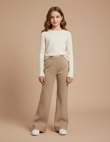Pantalon Patte D'Éléphant Beige Tricoté Ample Confortable Fille - Maille