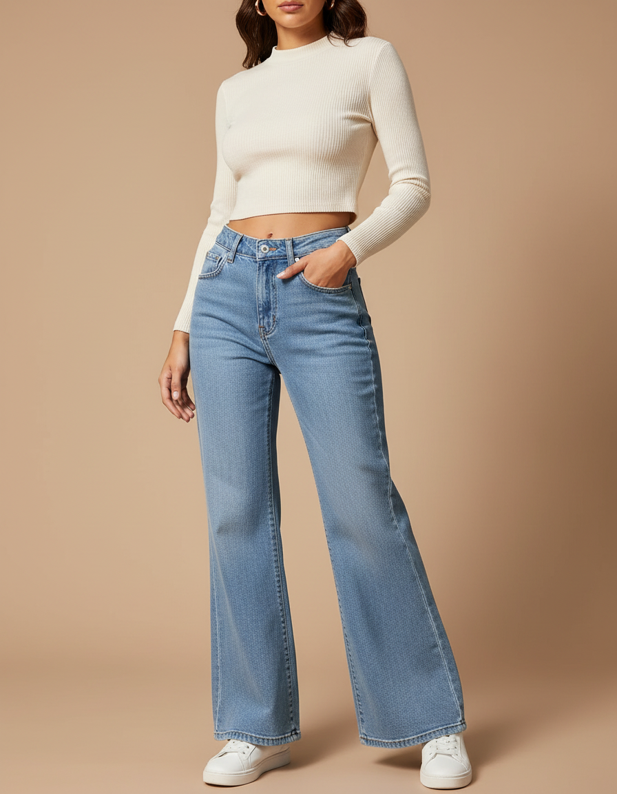 Pantalon Patte D'Éléphant Jean Bleu Clair Décontracté Évasé Confortable