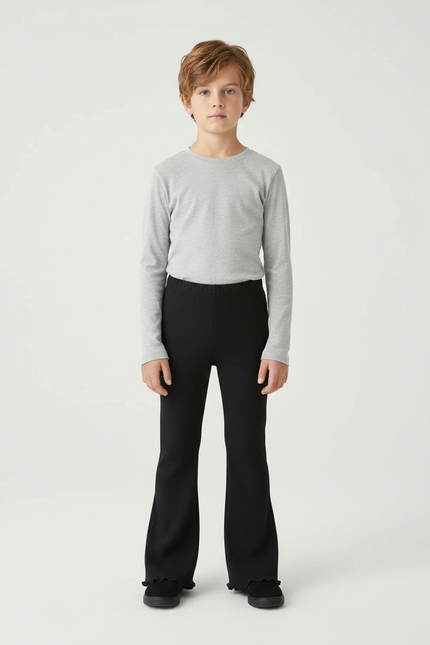 Pantalon Patte D'Éléphant Noir Côtelé Évasé Confortable Fille - Maille