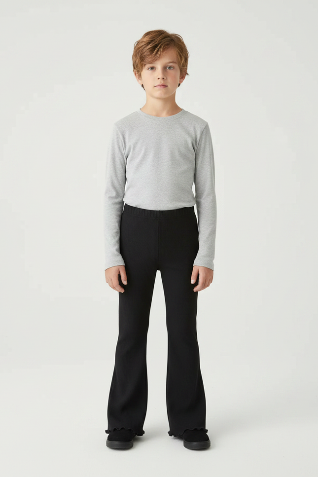 Pantalon Patte D'Éléphant Noir Côtelé Évasé Confortable Fille - Maille