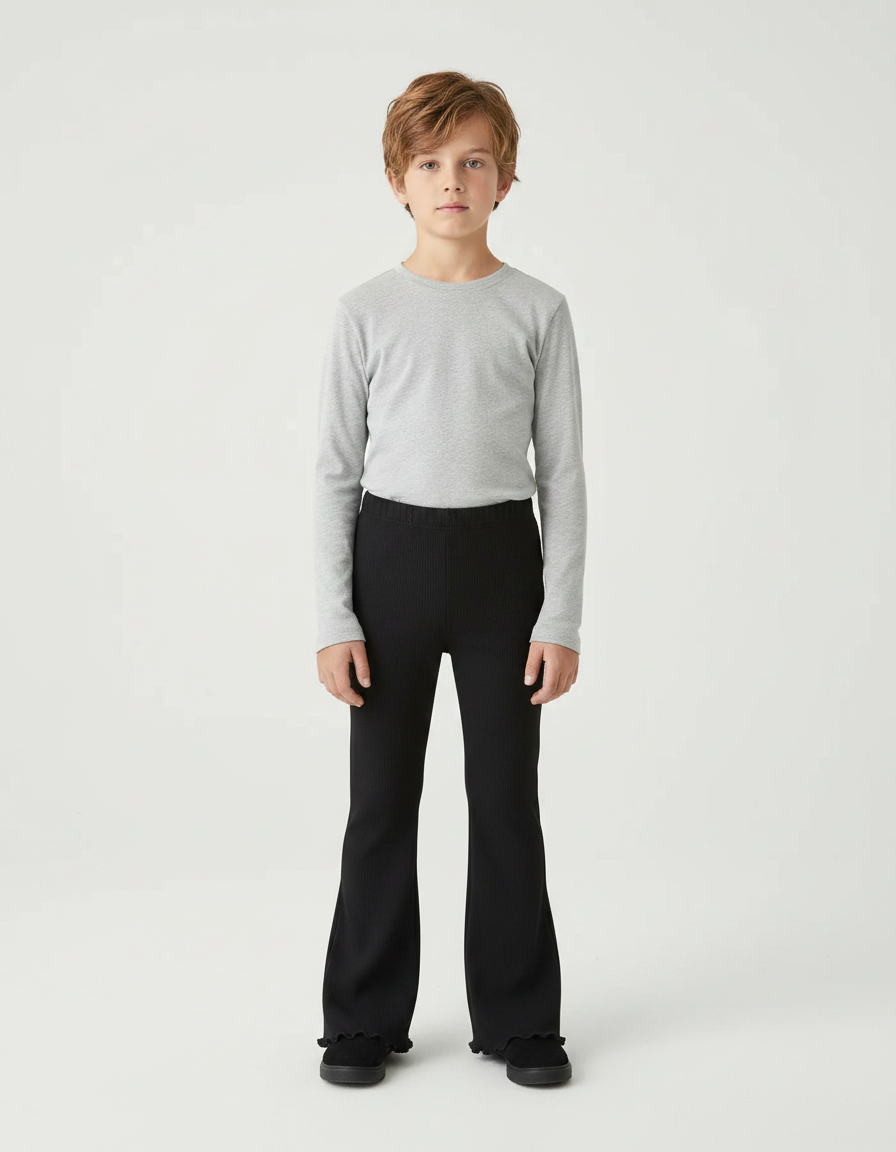 Pantalon Patte D'Éléphant Noir Côtelé Évasé Confortable Fille - Maille