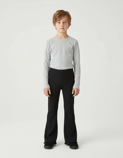 Pantalon Patte D'Éléphant Noir Côtelé Évasé Confortable Fille - Maille