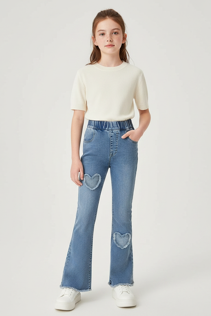 Pantalon Patte D'Éléphant Denim Cœurs Évasé Confortable Fille - Bleu Jean