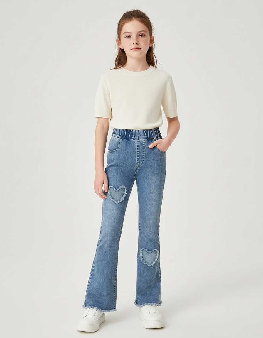 Pantalon Patte D'Éléphant Denim Cœurs Évasé Confortable Fille - Bleu Jean