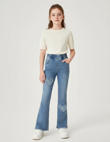 Pantalon Patte D'Éléphant Denim Cœurs Évasé Confortable Fille - Bleu Jean