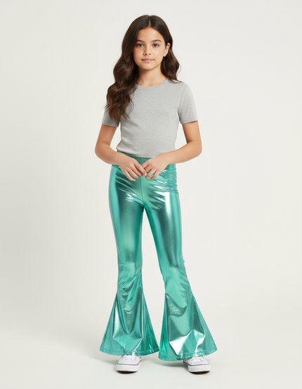 Pantalon Patte D'Éléphant Vert Métallique Brillant Évasé Enfant - Polyester