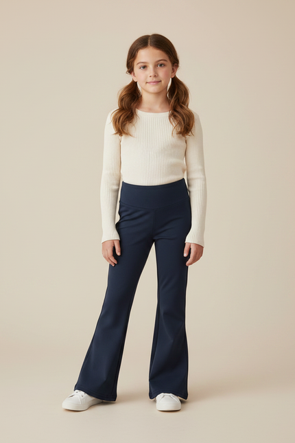 Pantalon Patte D'Éléphant Bleu Marine Taille Haute Élastique Fille - Polyester