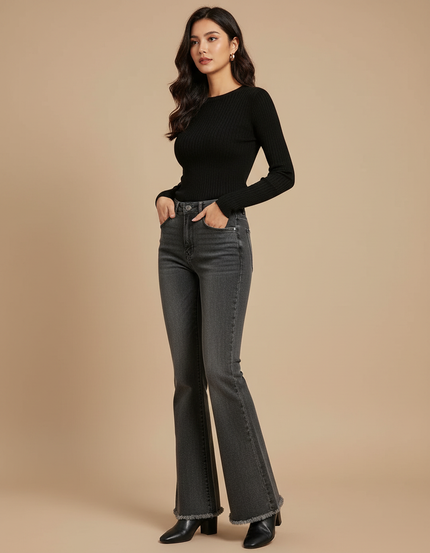 Pantalon Patte D'Éléphant Gris Délavé Taille Haute Effiloché - Jean