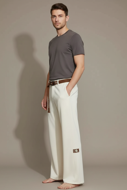 Pantalon Patte D'Éléphant Crème Ample Décontracté Homme Ceinturé - Beige Molleton