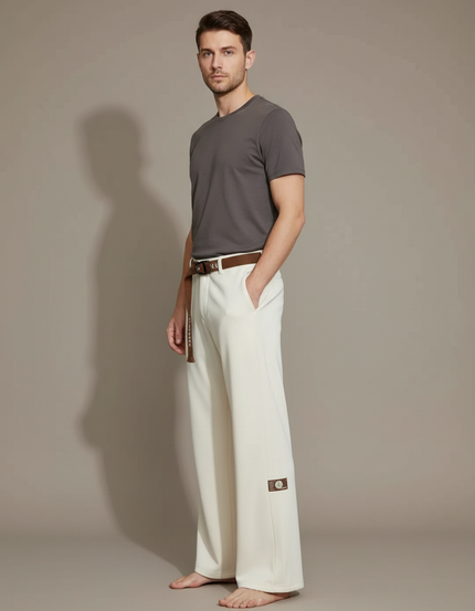 Pantalon Patte D'Éléphant Crème Ample Décontracté Homme Ceinturé - Beige Molleton