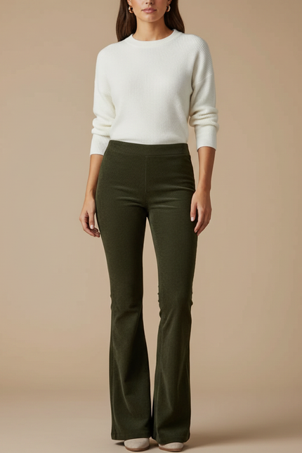 Pantalon Patte D'Éléphant Vert Olive Côtelé Taille Haute - Kaki Cordé