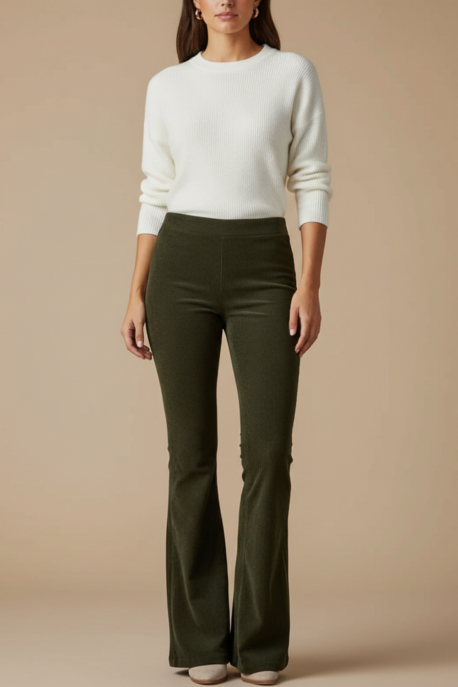 Pantalon Patte D'Éléphant Vert Olive Côtelé Taille Haute - Kaki Cordé