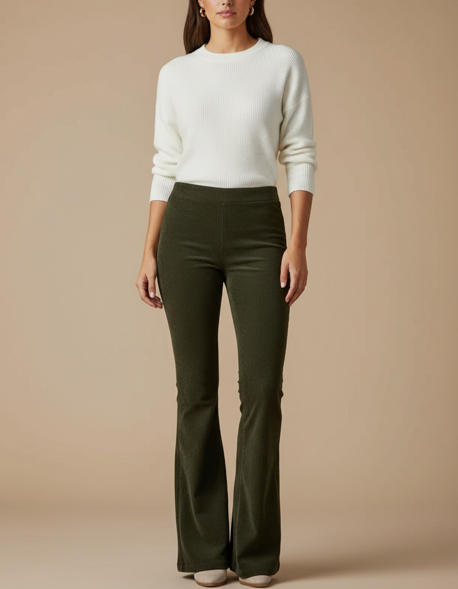 Pantalon Patte D'Éléphant Vert Olive Côtelé Taille Haute - Kaki Cordé