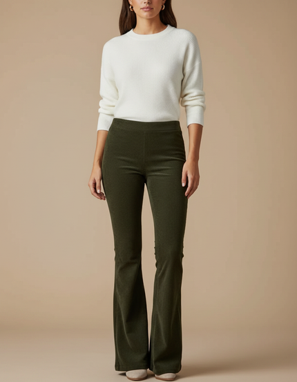 Pantalon Patte D'Éléphant Vert Olive Côtelé Taille Haute - Kaki Cordé