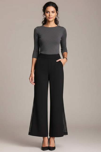Pantalon Patte D'Éléphant Noir Fluide Évasé Élégant Maille