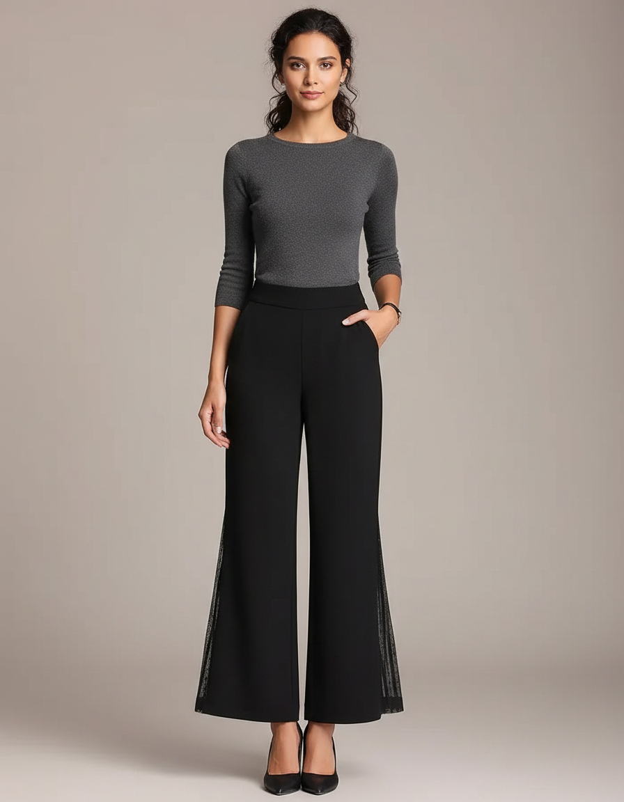 Pantalon Patte D'Éléphant Noir Fluide Évasé Élégant Maille