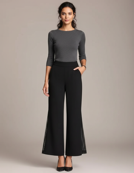 Pantalon Patte D'Éléphant Noir Fluide Évasé Élégant Maille