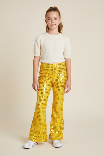 Pantalon Patte D'Éléphant Jaune Pailleté Évasé Brillant Fille - Polyester