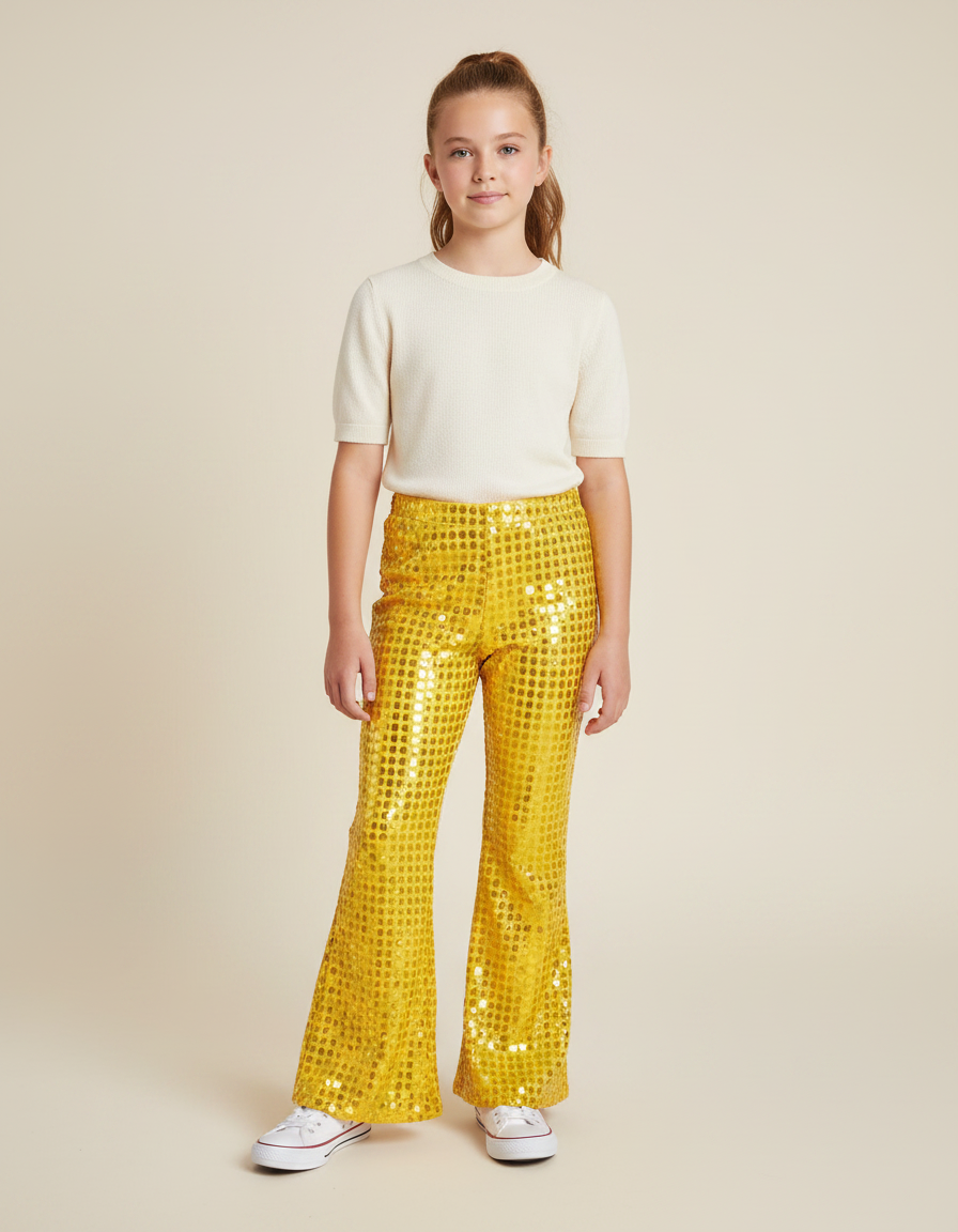 Pantalon Patte D'Éléphant Jaune Pailleté Évasé Brillant Fille - Polyester