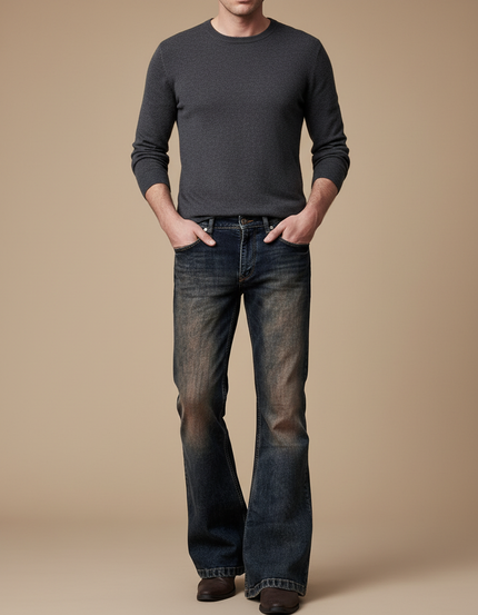 Pantalon Patte D'Éléphant Denim Homme Vintage Décontracté Évasé - Marine Jean