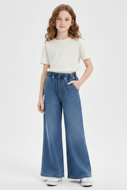 Pantalon Patte D'Éléphant Denim Large Élastiqué Confortable Fille - Bleu Jean