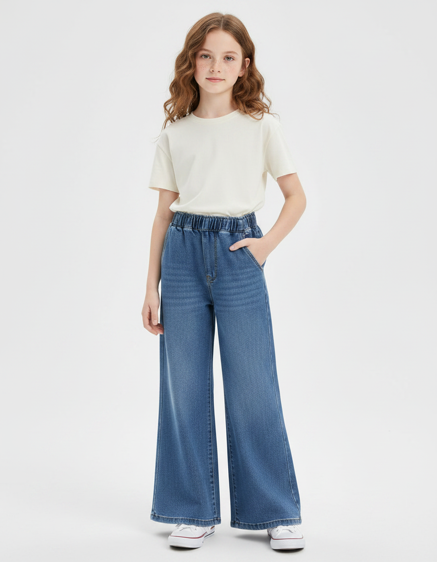 Pantalon Patte D'Éléphant Denim Large Élastiqué Confortable Fille - Bleu Jean