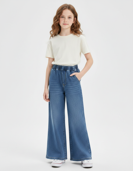 Pantalon Patte D'Éléphant Denim Large Élastiqué Confortable Fille - Bleu Jean