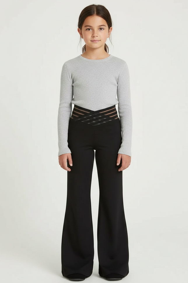 Pantalon Patte D'Éléphant Noir Évasé Maille Transparente Fille - Polyester