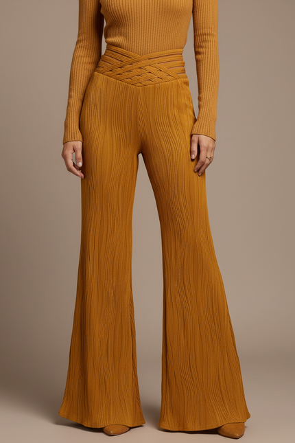 Pantalon Patte D'Éléphant Ocre Côtelé Texturé Croisé Élégant - Jaune Maille
