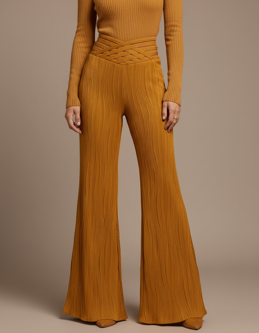 Pantalon Patte D'Éléphant Ocre Côtelé Texturé Croisé Élégant - Jaune Maille