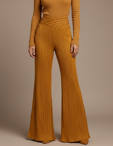 Pantalon Patte D'Éléphant Ocre Côtelé Texturé Croisé Élégant - Jaune Maille
