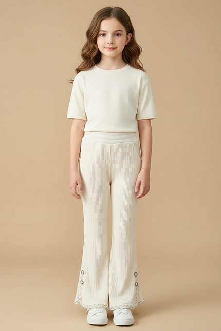Pantalon Patte D'Éléphant Côtelé Beige Évasé Dentelle Enfant - Maille