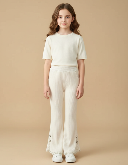 Pantalon Patte D'Éléphant Côtelé Beige Évasé Dentelle Enfant - Maille