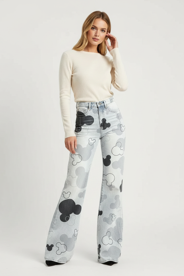 Pantalon Patte D'Éléphant Imprimé Mickey Délavé Taille Haute - Jean