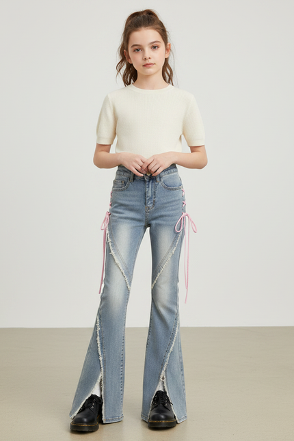 Pantalon Patte D'Éléphant Jean Évasé Lacets Roses Y2K - Bleu