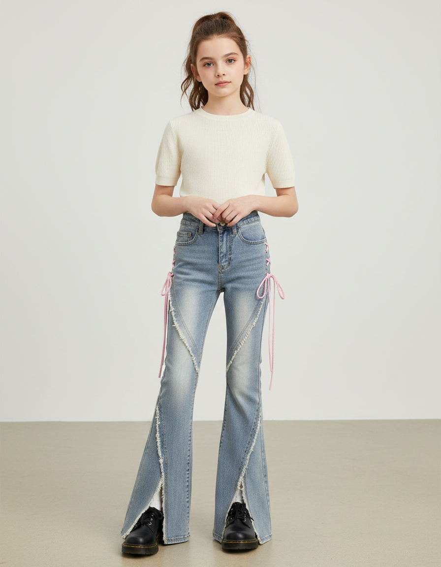 Pantalon Patte D'Éléphant Jean Évasé Lacets Roses Y2K - Bleu