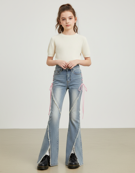 Pantalon Patte D'Éléphant Jean Évasé Lacets Roses Y2K - Bleu
