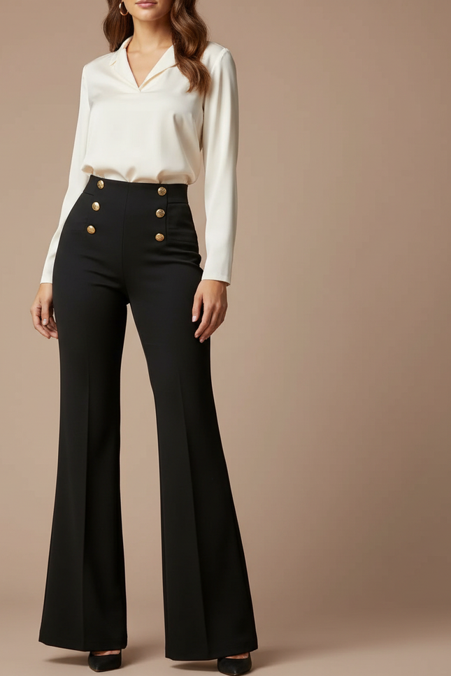 Pantalon Patte D'Éléphant Noir Taille Haute Boutons Dorés Élégant - Gabardine