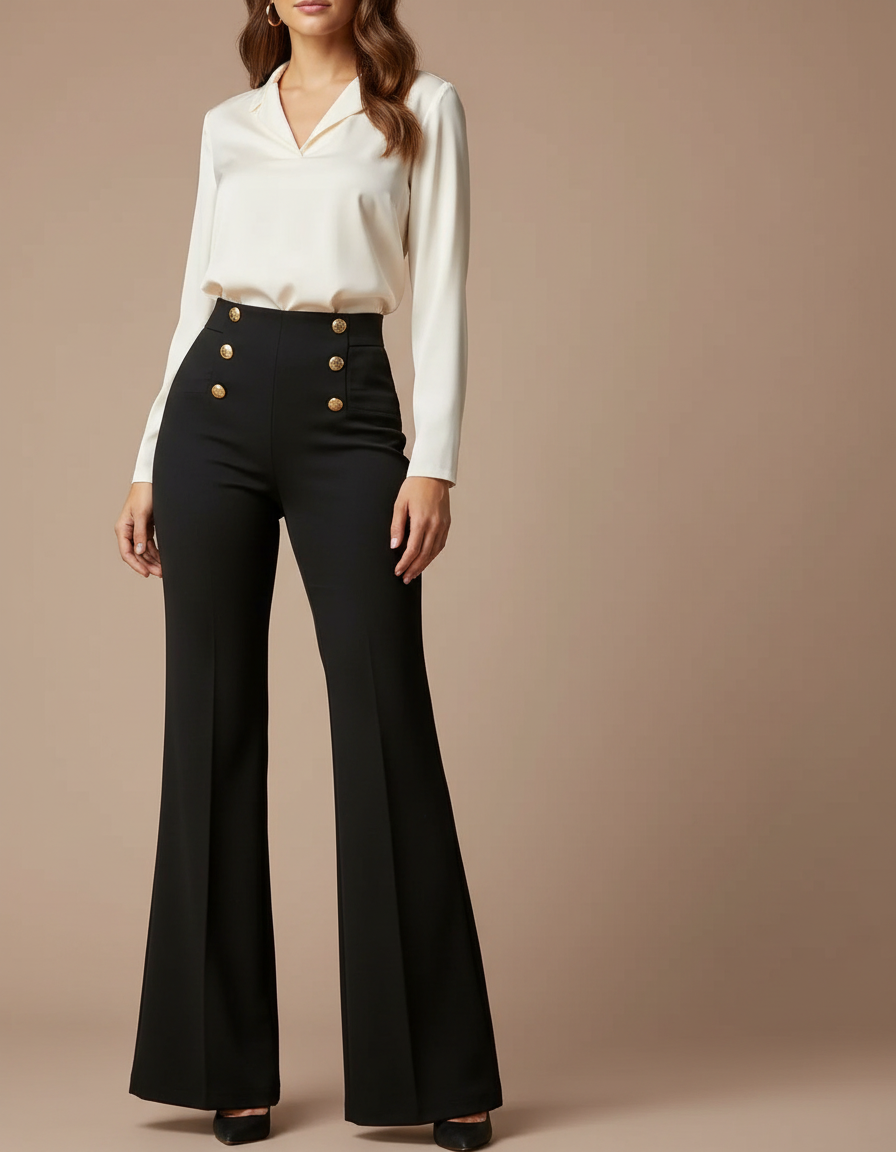 Pantalon Patte D'Éléphant Noir Taille Haute Boutons Dorés Élégant - Gabardine