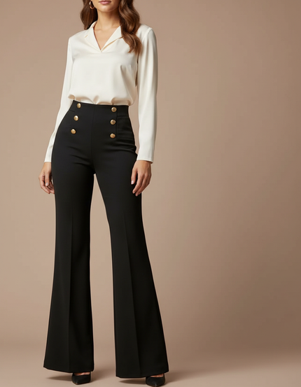 Pantalon Patte D'Éléphant Noir Taille Haute Boutons Dorés Élégant - Gabardine
