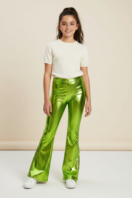 Pantalon Patte D'Éléphant Vert Métallique Brillant Évasé - Polyester