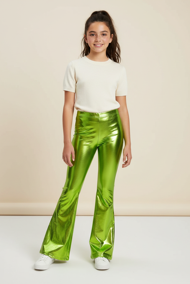 Pantalon Patte D'Éléphant Vert Métallique Brillant Évasé - Polyester