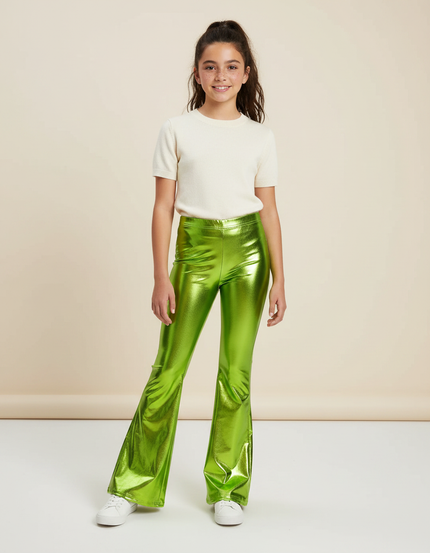 Pantalon Patte D'Éléphant Vert Métallique Brillant Évasé - Polyester