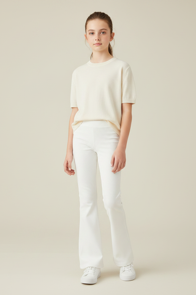 Pantalon Patte D'Éléphant Blanc Côtelé Confortable Fille - Maille