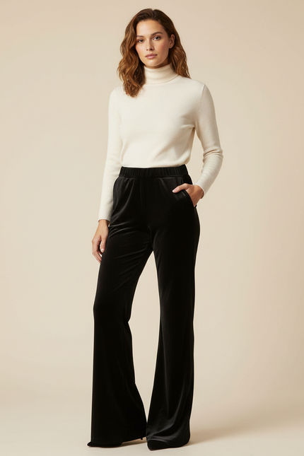 Pantalon Patte D'Éléphant Velours Noir Taille Haute Ample Femme