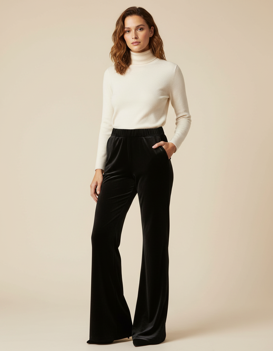 Pantalon Patte D'Éléphant Velours Noir Taille Haute Ample Femme
