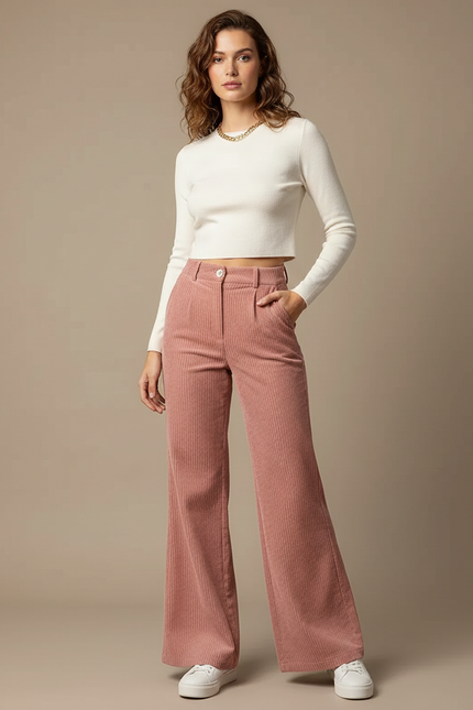 Pantalon Patte D'Éléphant Côtelé Rose Ample Décontracté - Cordé
