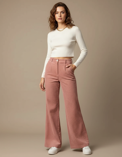 Pantalon Patte D'Éléphant Côtelé Rose Ample Décontracté - Cordé