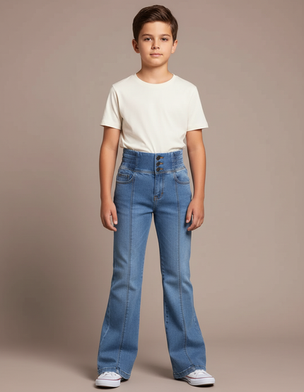Pantalon Patte D'Éléphant Jean Bleu Taille Haute Évasé Garçon