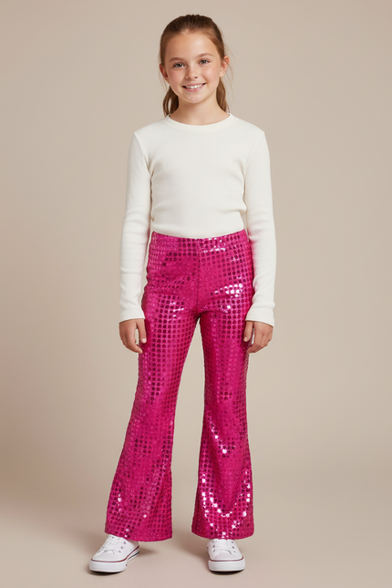 Pantalon Patte D'Éléphant Rose Paillettes Évasé Brillant Fille - Polyester